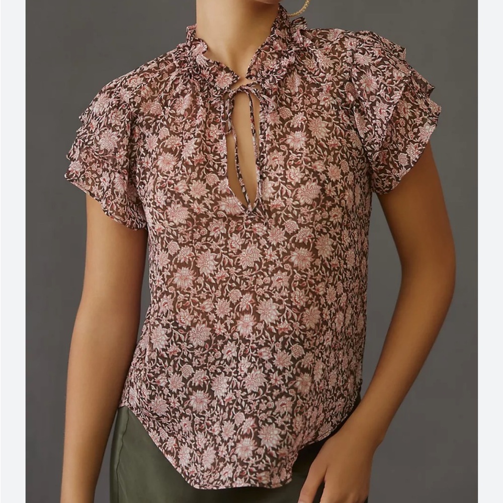 Anthropologie V-Neck Flutter-Sleeve Blouse size XS black white red